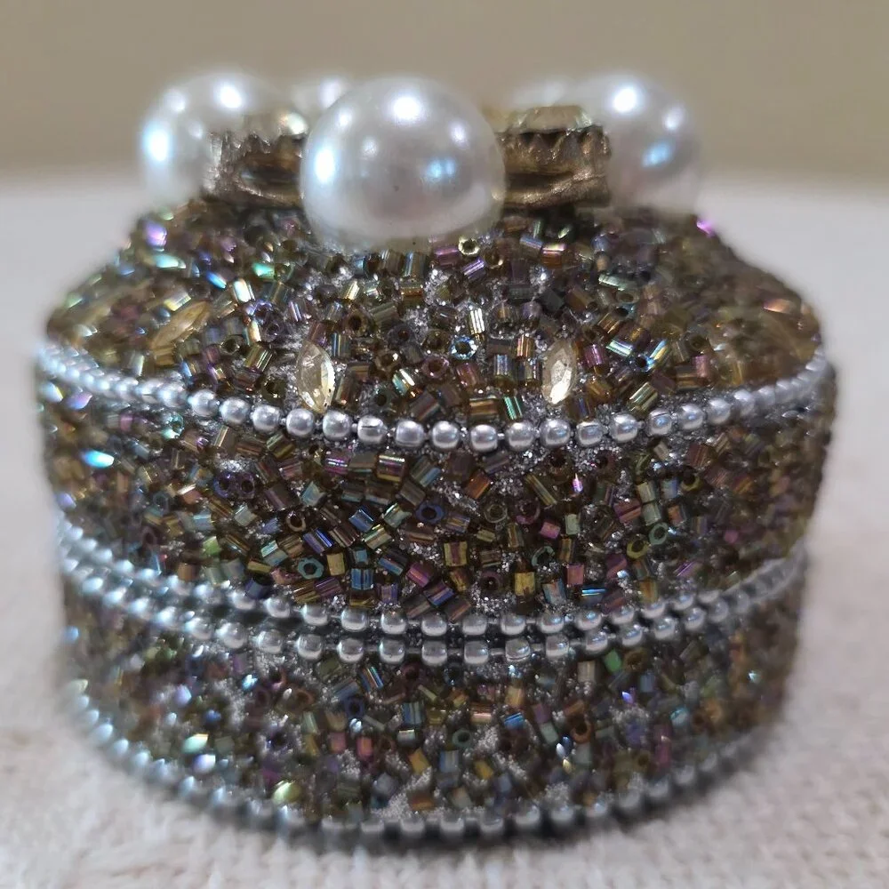 Vintage Silver Bead Pearl & Rhinestone Encrusted Metal Trinket Gift Vanity Box